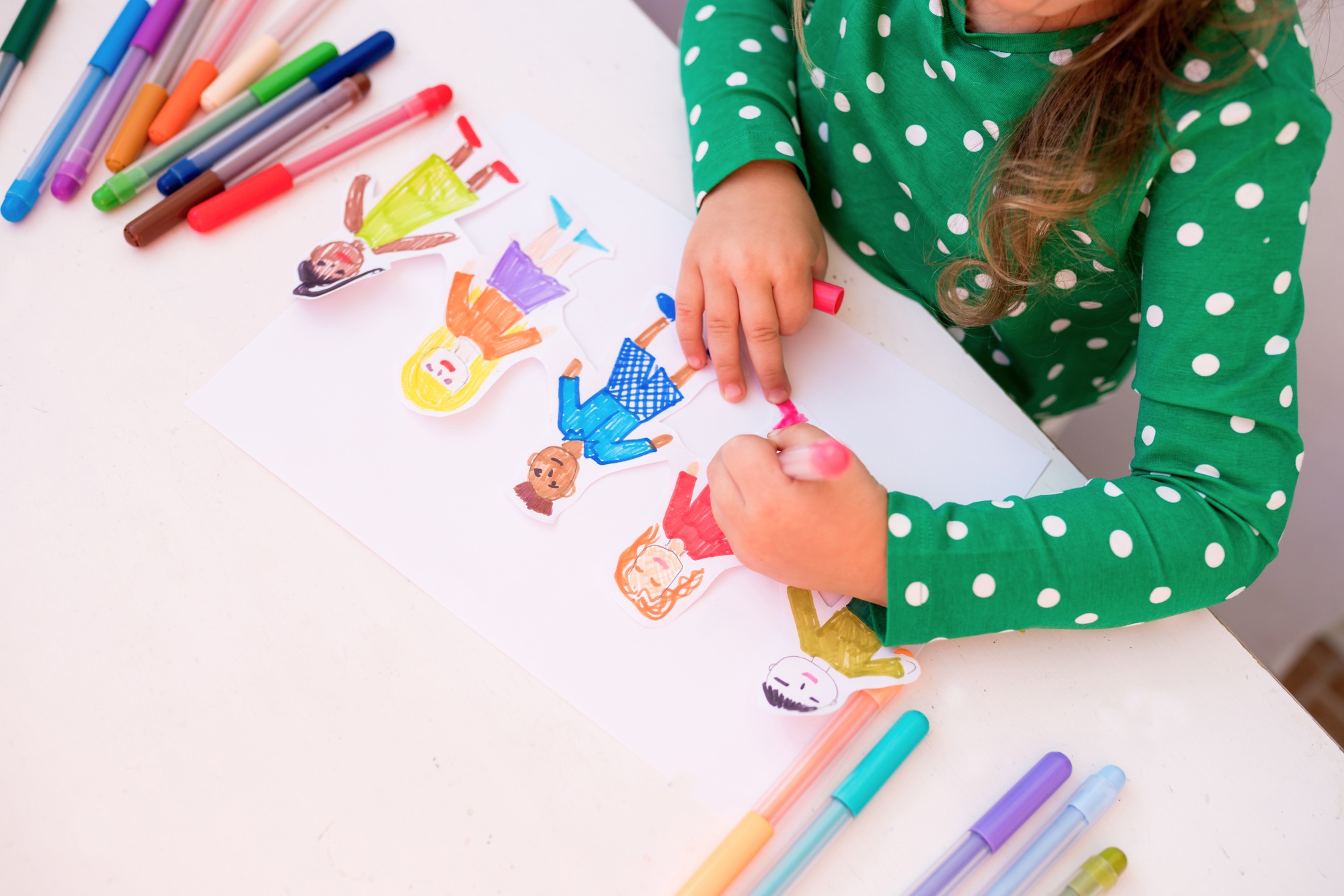 girl drawing with colored markers international kids of different races, Happy world children day